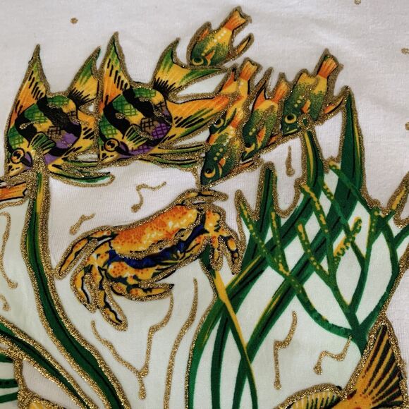 York Trinidad T-Shirt Womens Medium Sea-Life Gold Thread Embroidery Coastal - Picture 2 of 10
